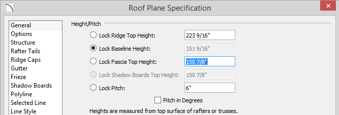 Roof Plane Specification Roof Plane Specification dialog with 150 7/8 set for Fascia Top Height