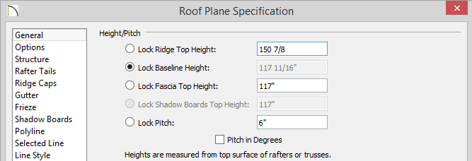 Roof Plane Specification Roof Plane Specification dialog with 150 7/8 entered for Ridge Top Height