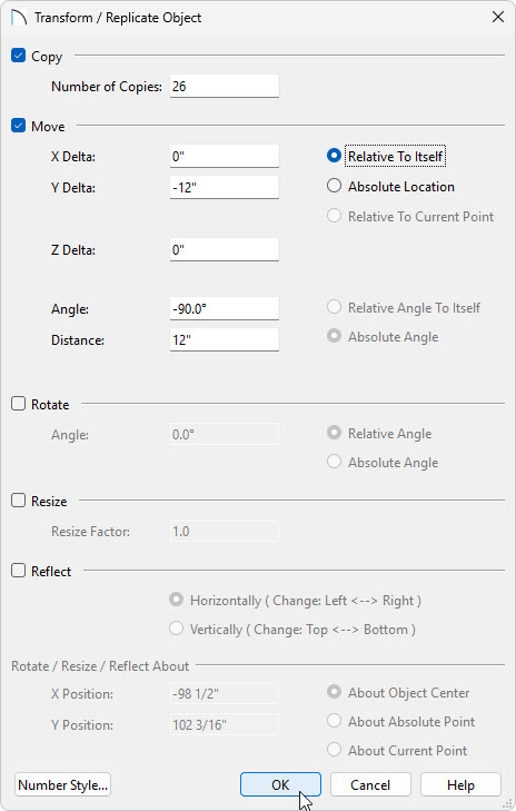 In the Transform/Replicate dialog, create 26 copies with a -12 Y offset.