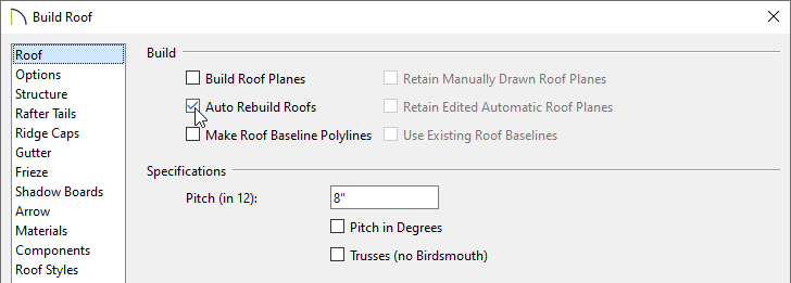 Checking the Auto Rebuild Roofs box within the Build Roof dialog