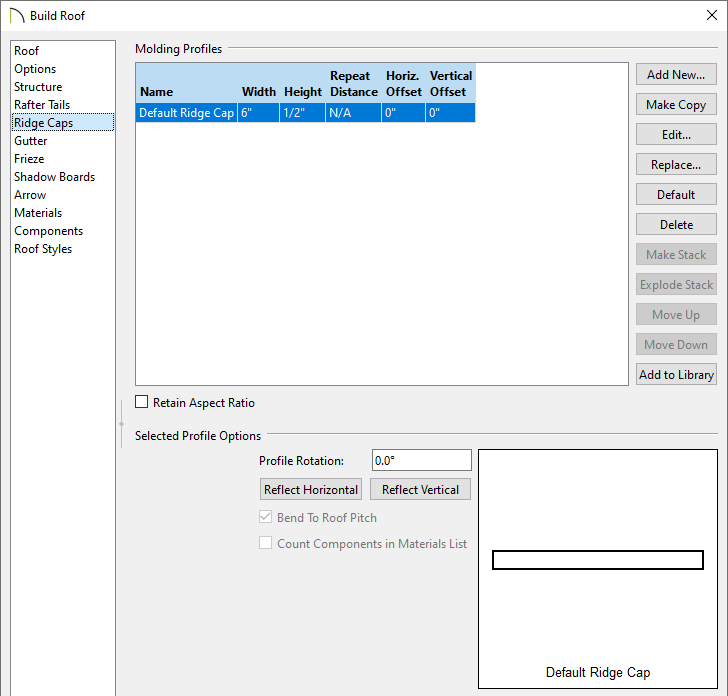 Ridge Caps panel of the Build Roof dialog 