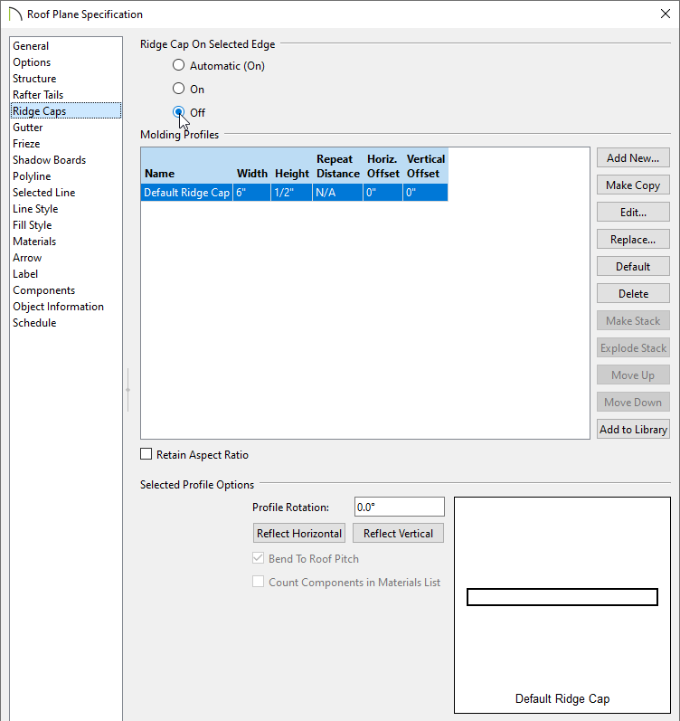 Selecting the Off radio button under the Ridge Cap on Selected Edge section 