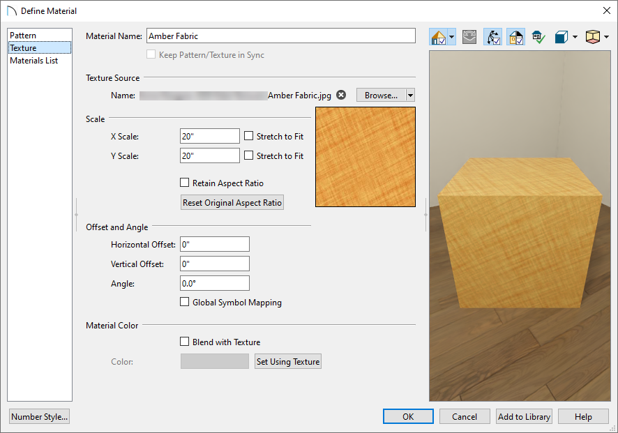 Define Material dialog where a new material can be created