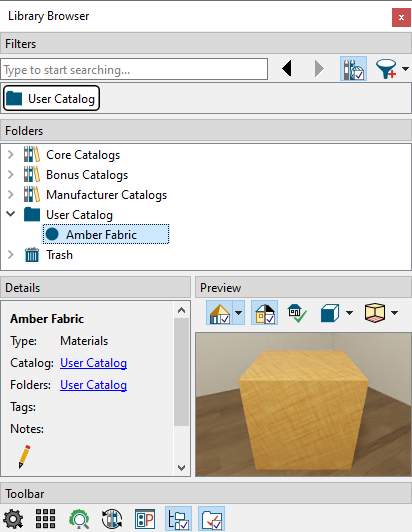 Custom material added to the User Catalog