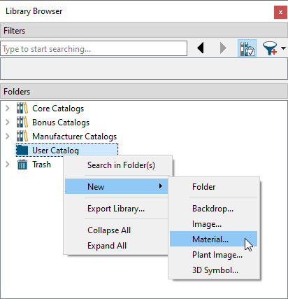 Right-click on User Catalog and navigate to New> Material