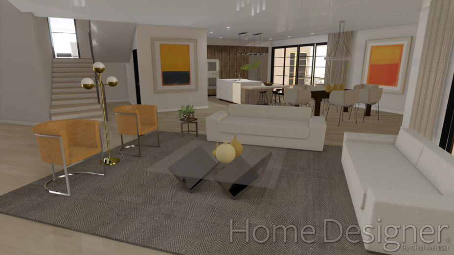 Living room containing chairs with custom materials Custom material applied to chairs