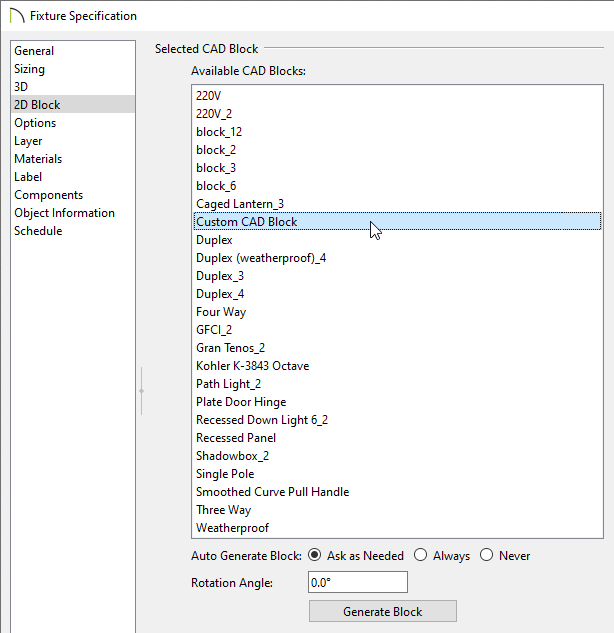 Custom CAD block selected in the Specification dialog.