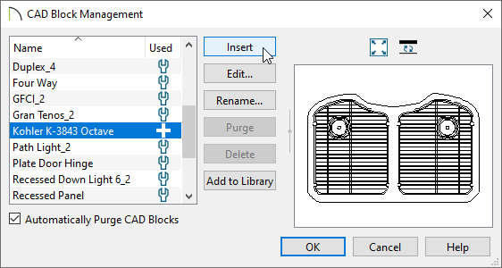 CAD Block Management dialog with the Kohler CAD block selected.