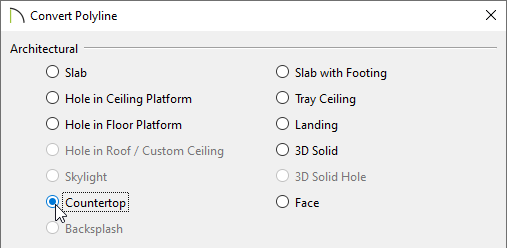 Convert Polyline dialog with the Countertop option selected.