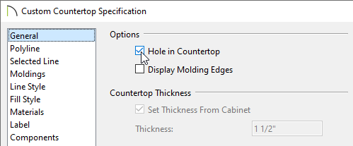 Hole in Countertop box checked in the Custom Countertop Specification dialog.