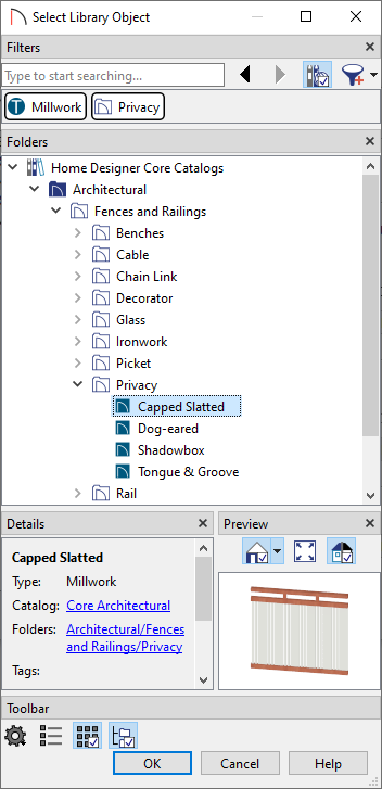 Capped Slatted fence panel selected in the Library Browser