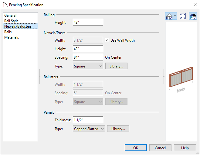 Newels/Balusters panel of the Fencing Specification dialog