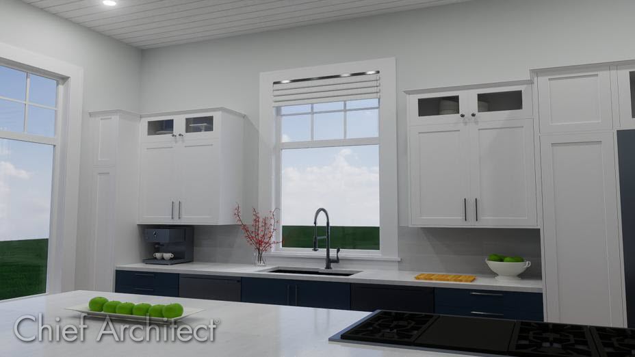 Real Time Ray Trace rendering of a kitchen with wall cabinets.
