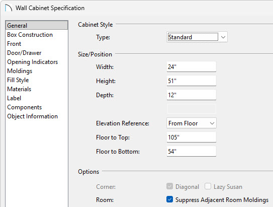 On the General panel of the Cabinet Specification, set your width, height, and depth.