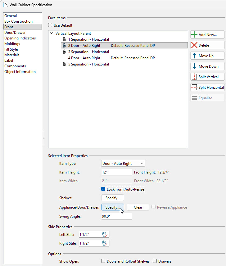 On the Front panel, select your door and Specify your door style.