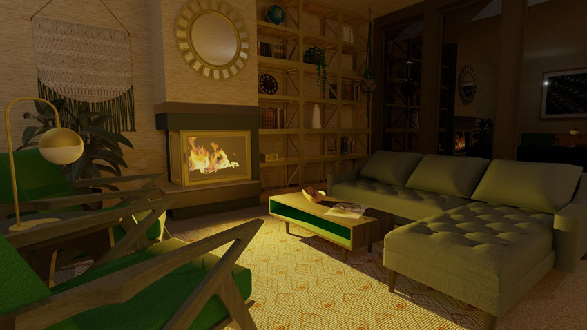 Camera view of a living room with a fireplace and realistic light