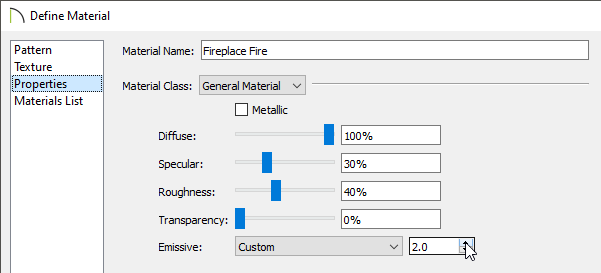 Properties panel of the Define Material dialog