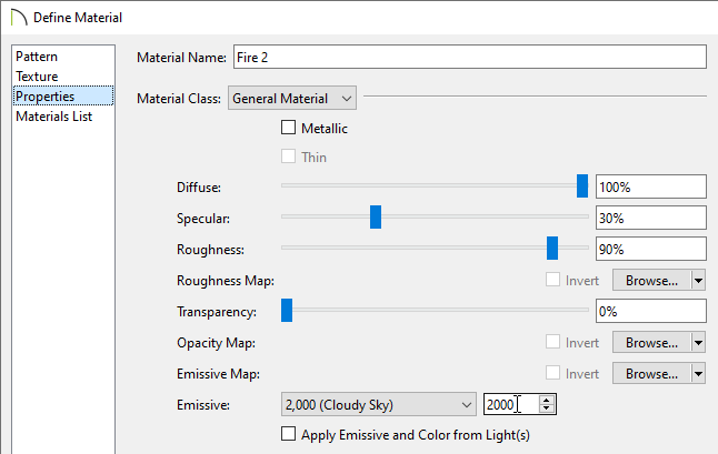 Properties panel of the Define Material dialog where the Emissive value can be changed