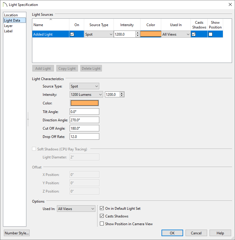 Light Data panel of the Light Specification dialog