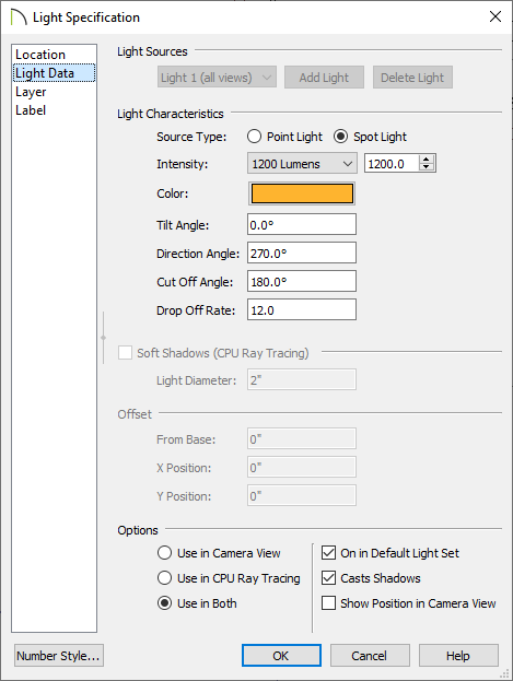 Light Data panel of the Light Specification dialog
