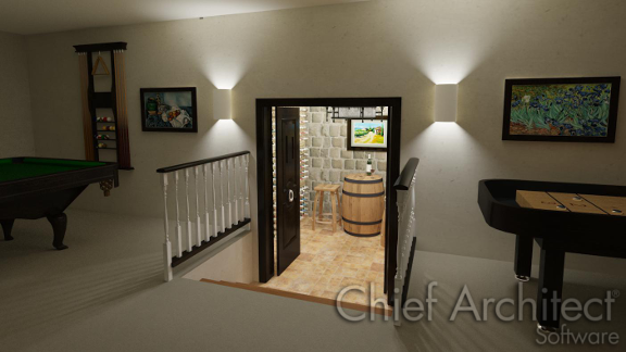 A view into a wine cellar with a lowered floor in a basement. wine cellar with a lowered floor in the basement