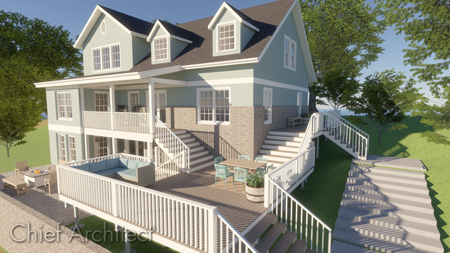 Camera view of back of house with three deck areas connected by stairs where middle deck is lowered