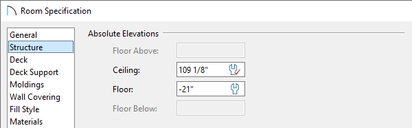 Room Specification dialog with -21 inches entered for Floor value