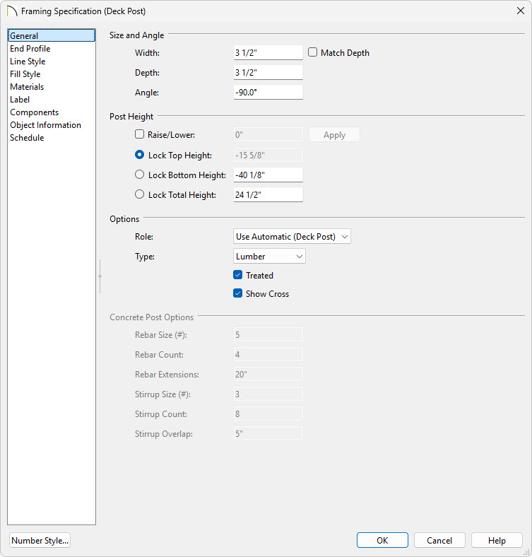 In the Deck Post Framing Specification you can adjust the attributes of your deck post.