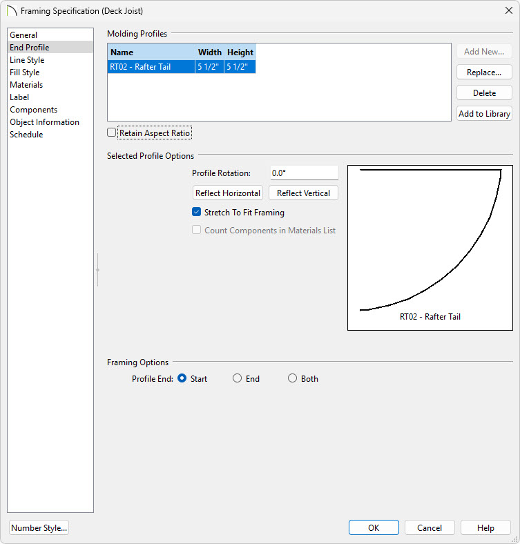 In the Framing Specification, on the End Profile panel, you can specify an end profile for your framing.