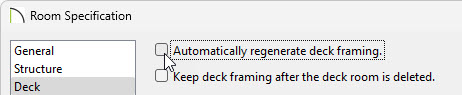 In the Room Specification, on the Deck panel, uncheck Automatically regenerate deck framing.