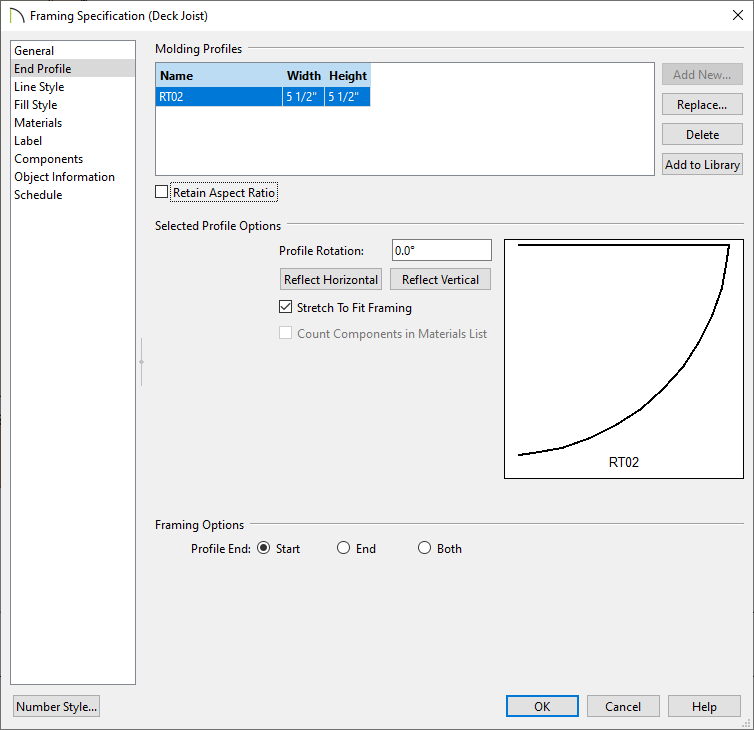 End Profile panel on a Framing Specification dialog