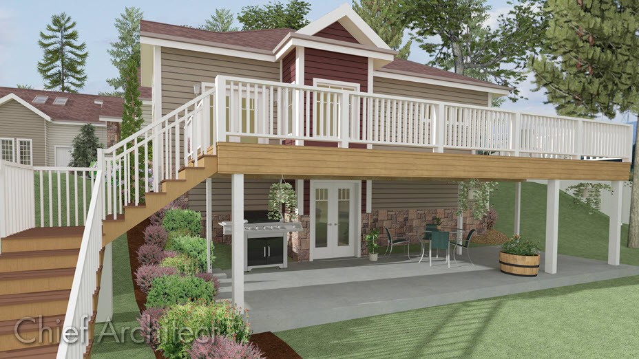 BBQ, patio, and a deck with stairs going down to the backyard.