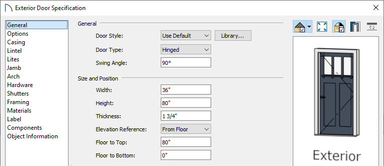 Set the doors properties in the specification dialog