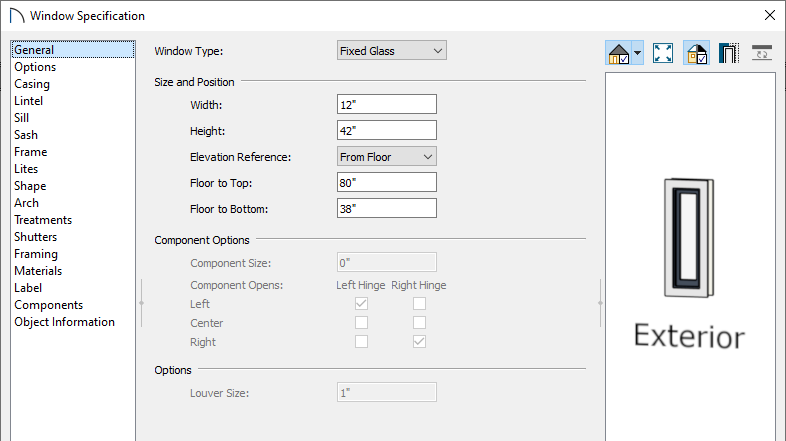 Adjust the windows properties on the General panel