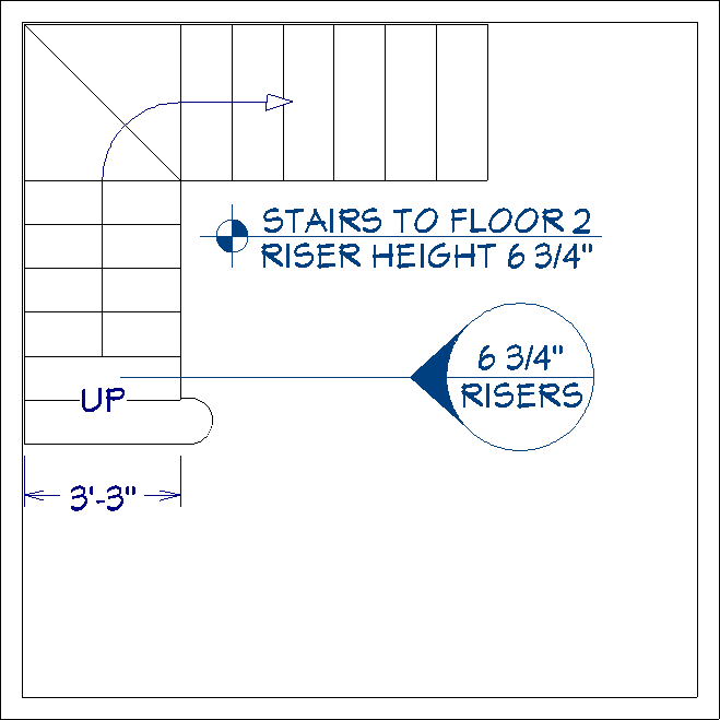 Example plan with stairs, dimensions, callouts, and markers.