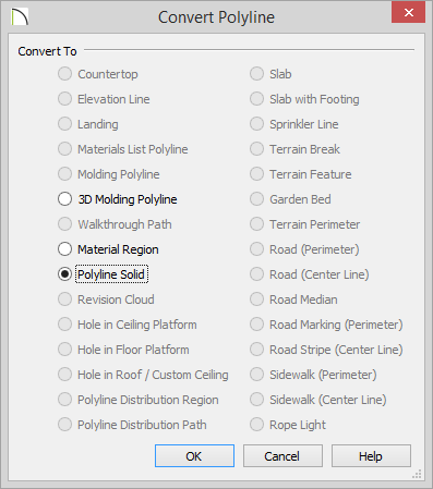 Convert Polyline to Polyline Solid Convert Polyline dialog with Polyline Solid selected