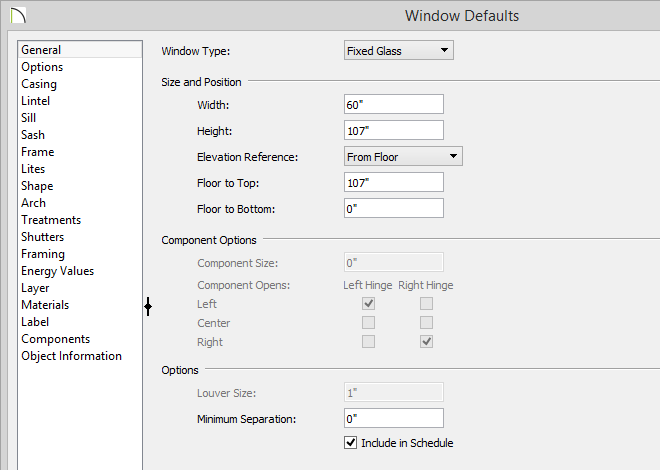 Window Defaults Window Defaults dialog with Minimum Separation value set to zero