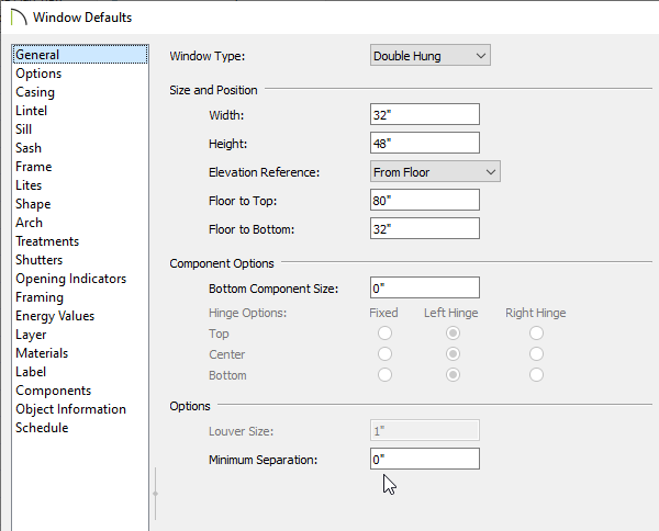 Window Defaults dialog with Minimum Separation value set to zero