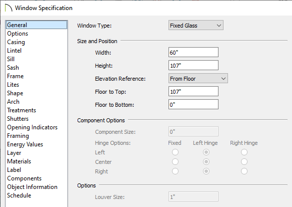 General panel of the Window Specification dialog