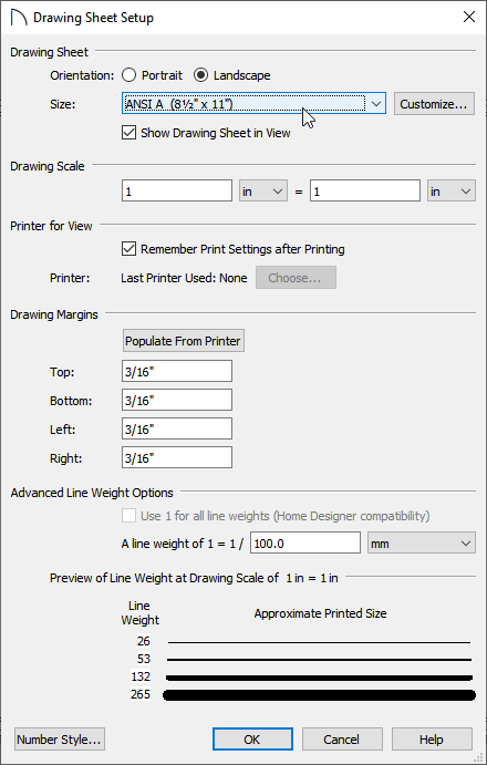 Drawing Sheet Setup dialog where the Drawing Sheet Size can be changed