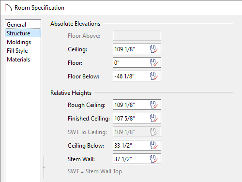 Room Specification showing defaults for floor and ceiling heights