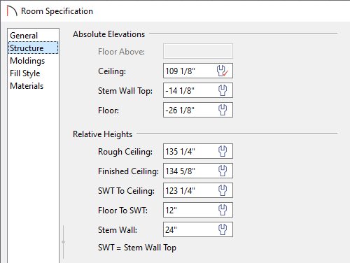 Room Specification dialog - Structure panel - new values for Stem Wall Top, Floor, Stem Wall and Floor to SWT