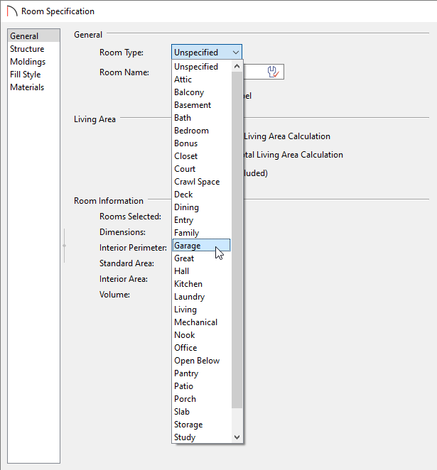 Selecting Garage for the Room Type
