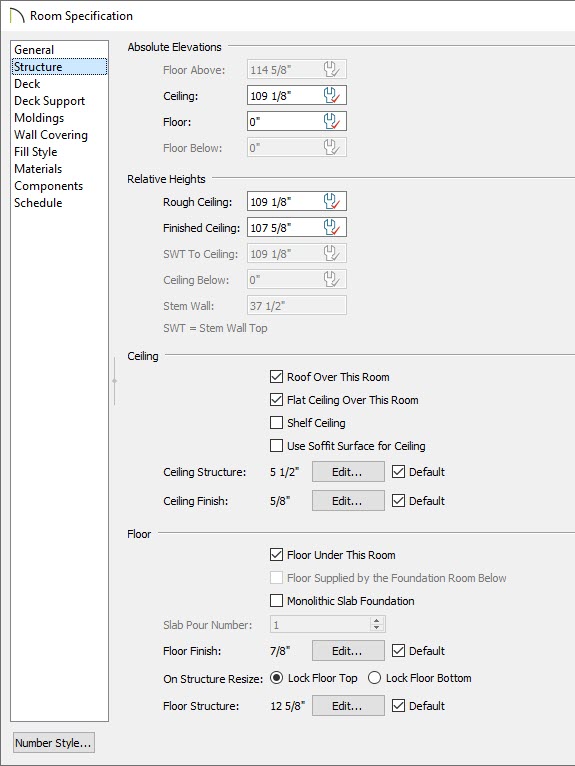 Room Specification dialog on Structure panle with Floor height of zero and Finished Ceiling height set to 107 5/8