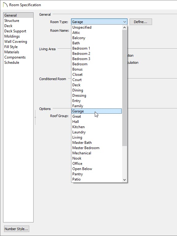 Room Specification dialog on General panel with Garage selected as the Room Type