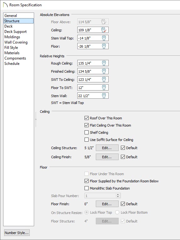 Room Specification dialog with Structure panel selected showing -14 1/8 Stem Wall Top and Finished Ceiling of 134 5/8