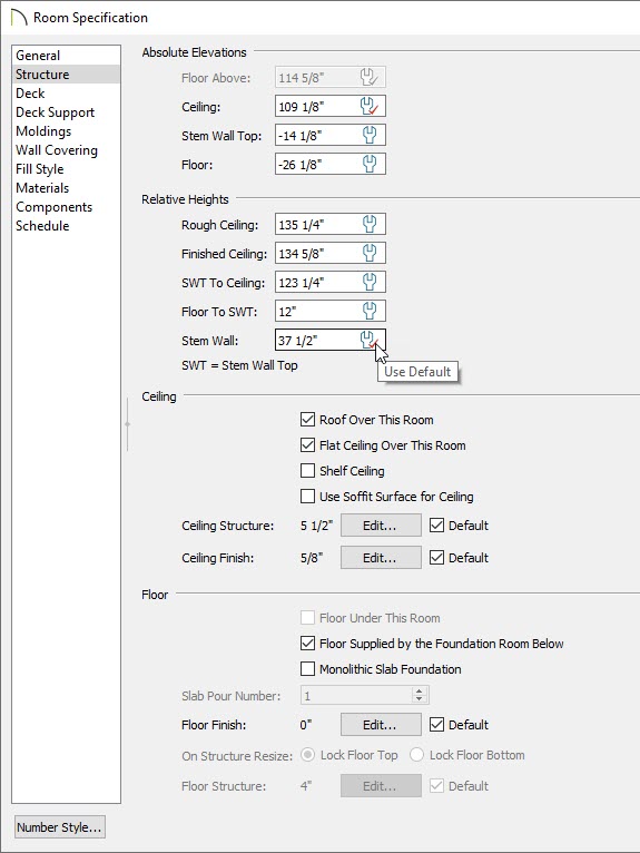 Room Specification dialog with Stem Wall set to Use Default