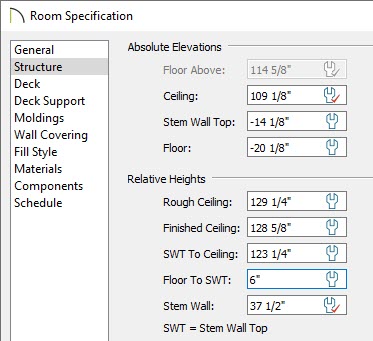 Room Specification dialog with 6 inches entered for Floor to SWT