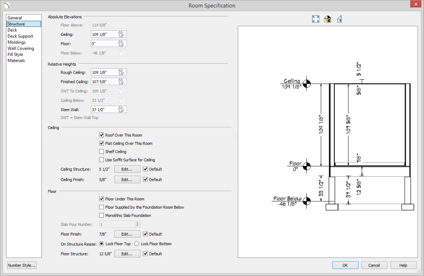 Room Specification - Structure panel Room Specification dialog on Structure panle with Floor height of zero and Finished Ceiling height set to 107 5/8