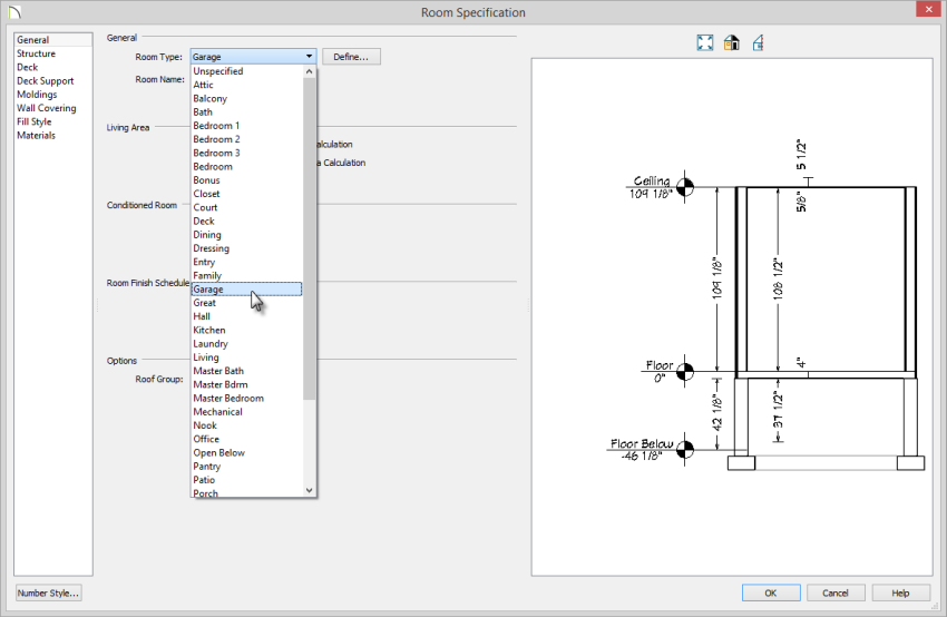 Room Specification - General panel Room Specification dialog on General panel with Garage selected as teh Room Type